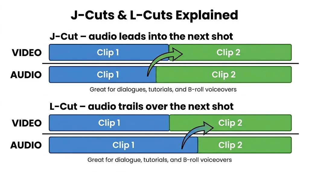 Diagram explaining J-cuts and L-cuts showing video and audio tracks on a timeline. J-cut: audio leads into the next shot. L-cut: audio trails over the next shot. Both great for dialogues, tutorials, and B-roll voiceovers