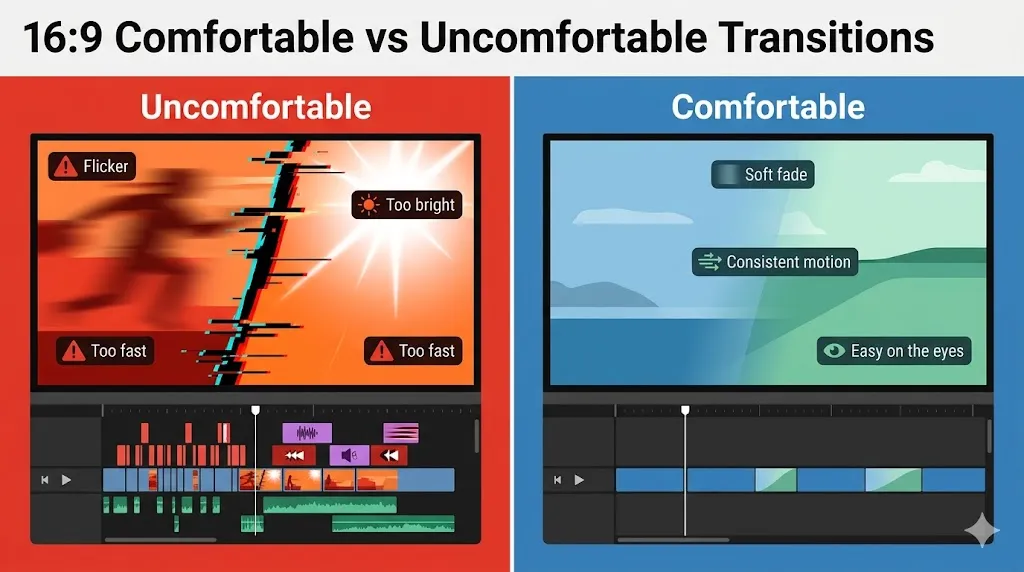Comparison of uncomfortable transitions showing flicker, too bright flashes, and too fast cuts versus comfortable transitions with soft fades, consistent motion, and easy-on-the-eyes effects