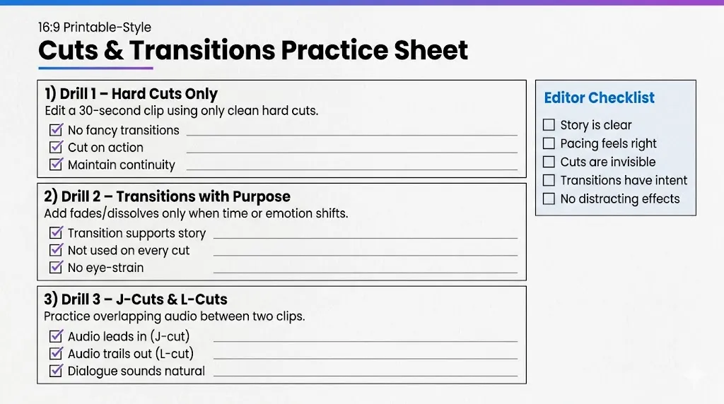 Printable practice sheet showing three editing drills with checklists and an editor checklist for story clarity, pacing, invisible cuts, transition intent, and no distracting effects