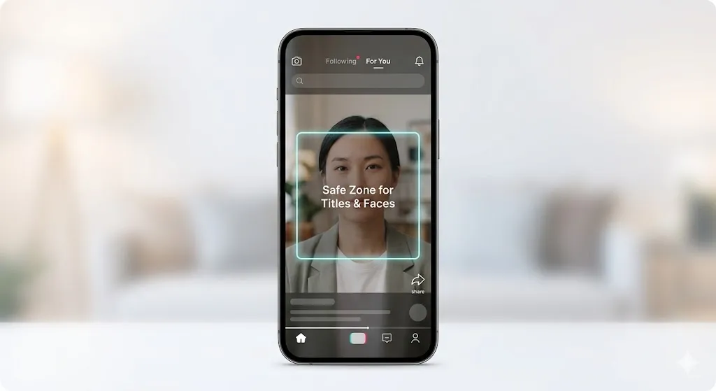 Visual overlay showing safe zone boundaries for TikTok, Instagram Reels, and YouTube Shorts with percentage markers