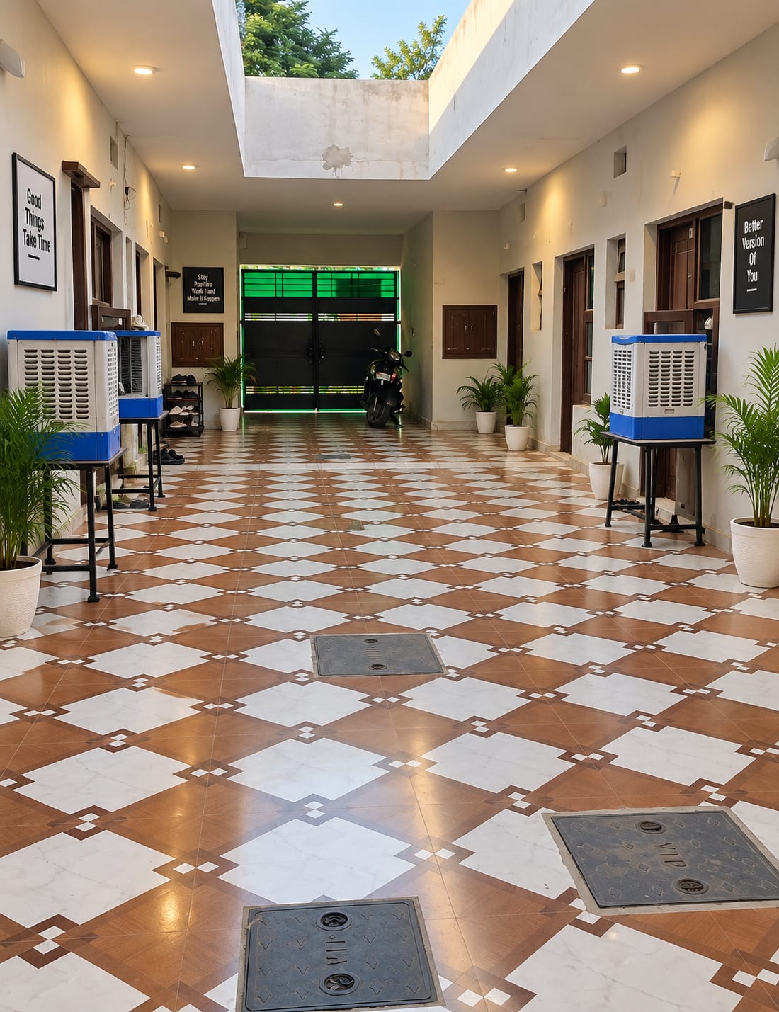 Spacious common area with air coolers at Sarab PG Gharuan near Chandigarh University