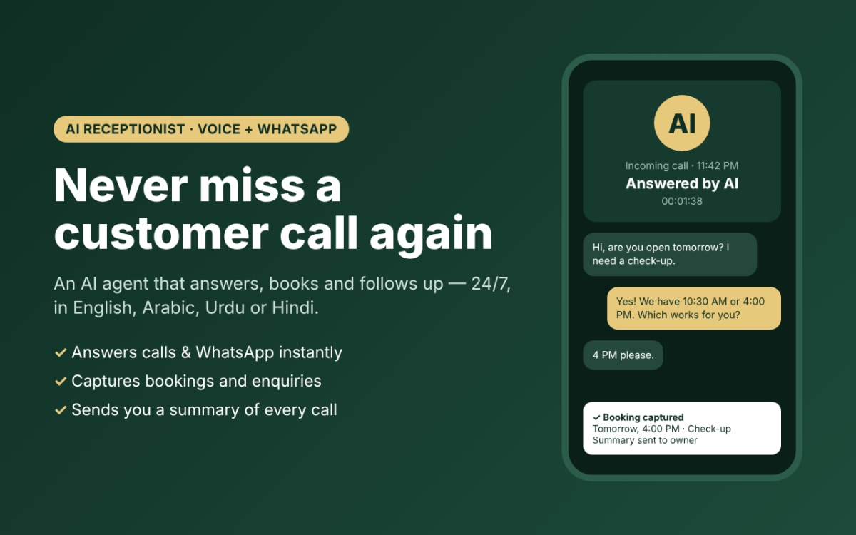 I will build an AI receptionist that answers your calls and WhatsApp 24/7