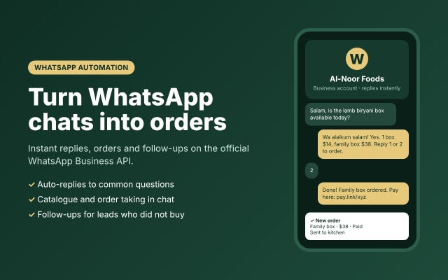 I will automate your WhatsApp to answer customers, take orders and follow up leads