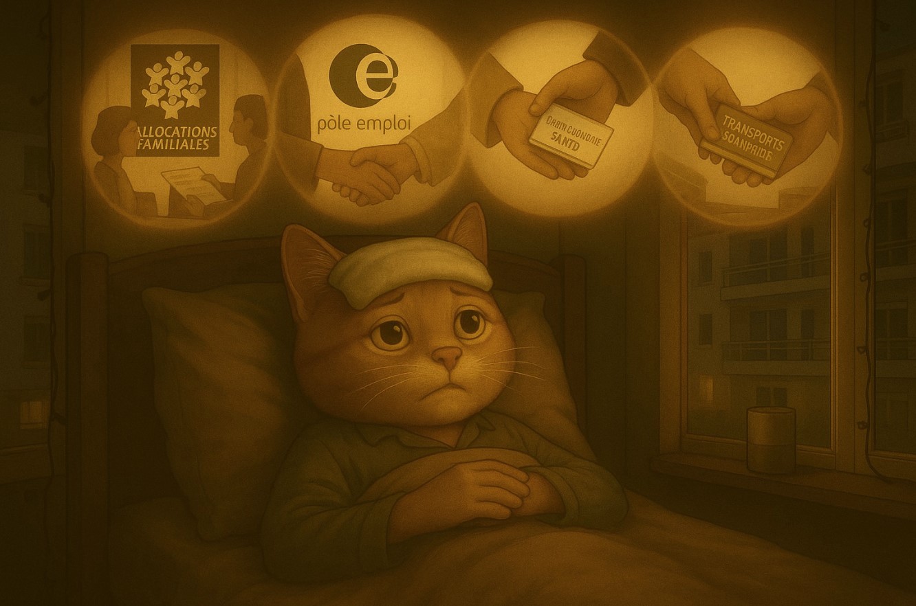 Le Chat-cinéaste malade dans son lit, regardant la ville de Paris par la fenêtre