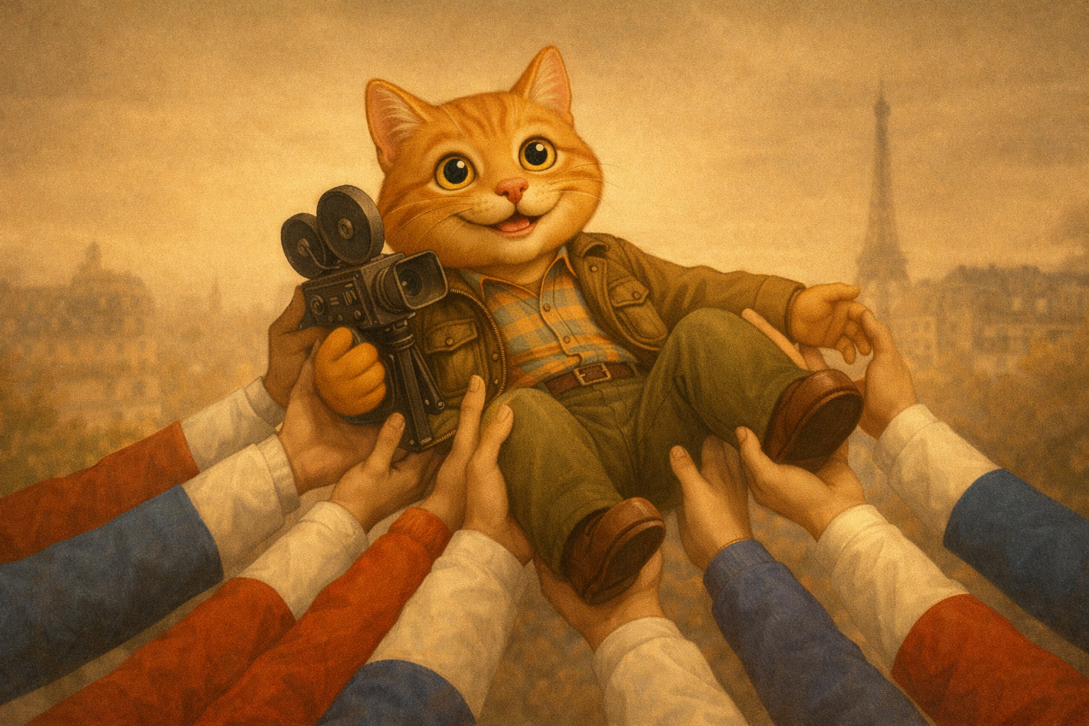 Des mains invisibles qui soutiennent le Chat-cinéaste, symboles des aides françaises