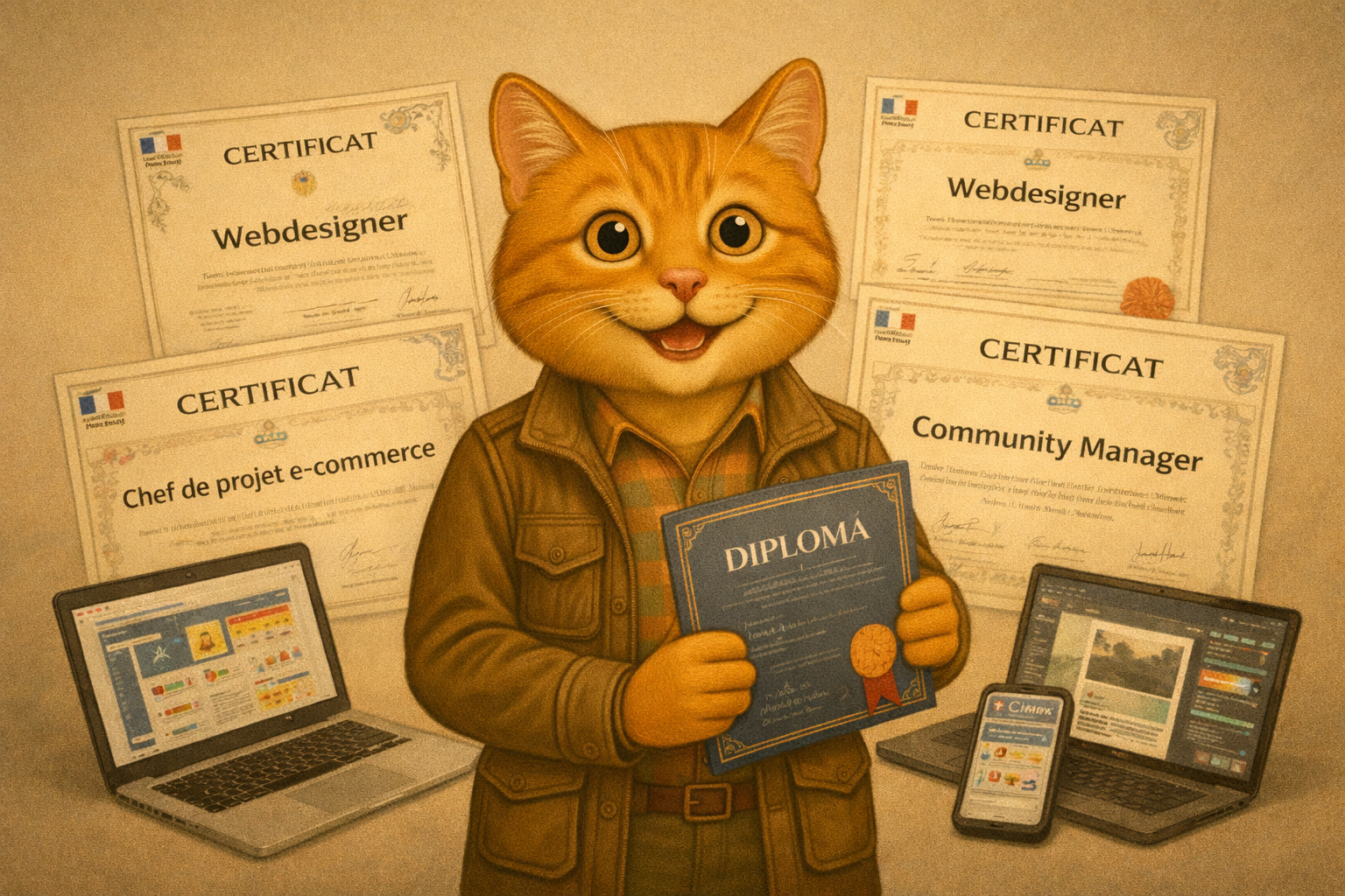Le Chat-cinéaste entouré de certificats de formation et d’ordinateurs