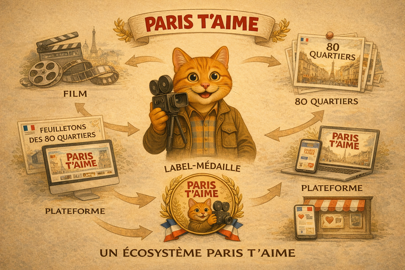Schéma des différents éléments de l’écosystème Paris T’Aime autour du Chat-cinéaste