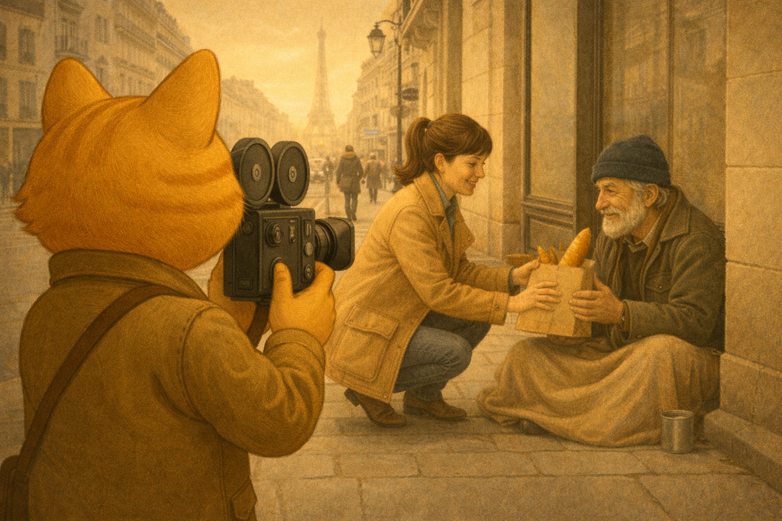 Le Chat-cinéaste filme un geste de bonté dans une rue de Paris