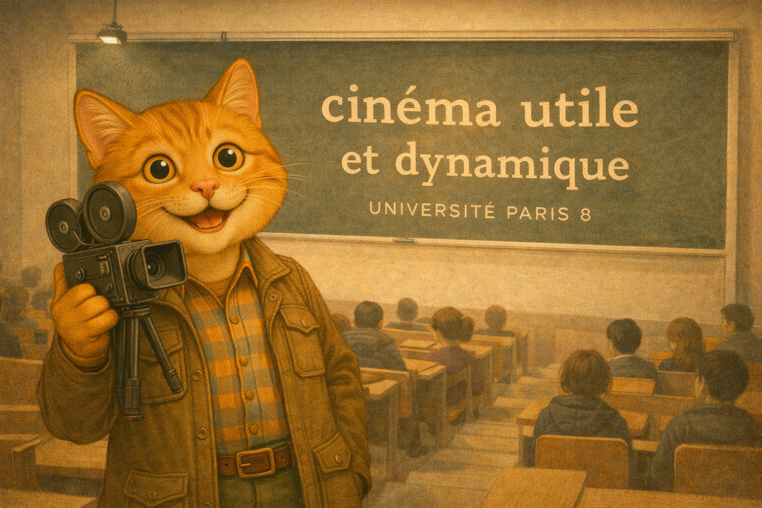 Le Chat-cinéaste à l’université Paris 8, devant les mots « cinéma utile et dynamique »