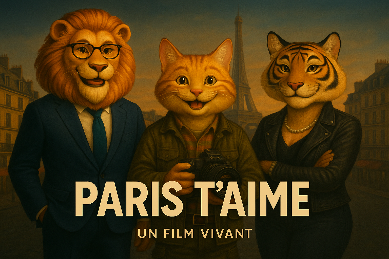 Le Chat-cinéaste regarde Paris en 2029 avec la devise « Liberté, Égalité, Fraternité » en arrière-plan