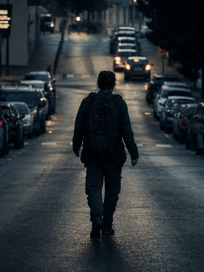 Le créateur marche seul dans la rue