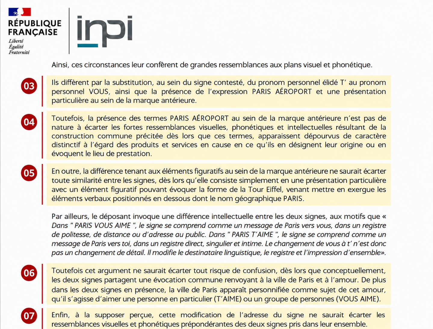 Extrait de la décision ADP numéroté 03, recensant T’, VOUS, PARIS AÉROPORT et la présentation particulière comme différences.