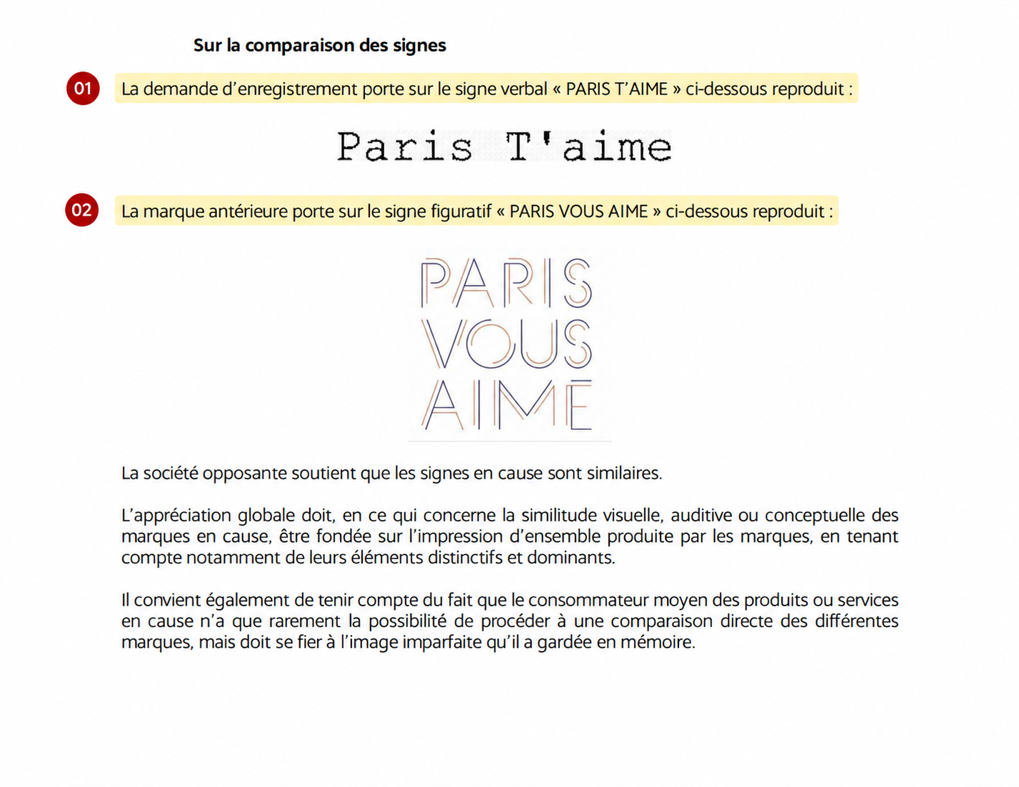 Extrait de la décision présentant PARIS T’AIME et la marque figurative PARIS VOUS AIME.