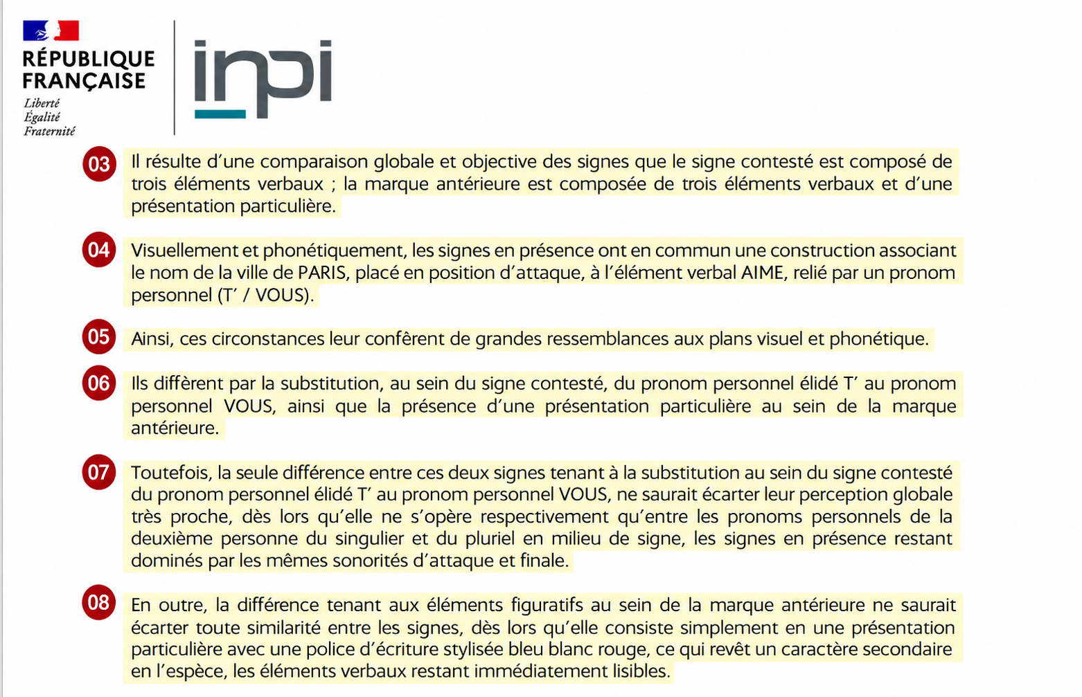 Extrait de la décision contenant les passages 03 à 08 sur la comparaison des signes.