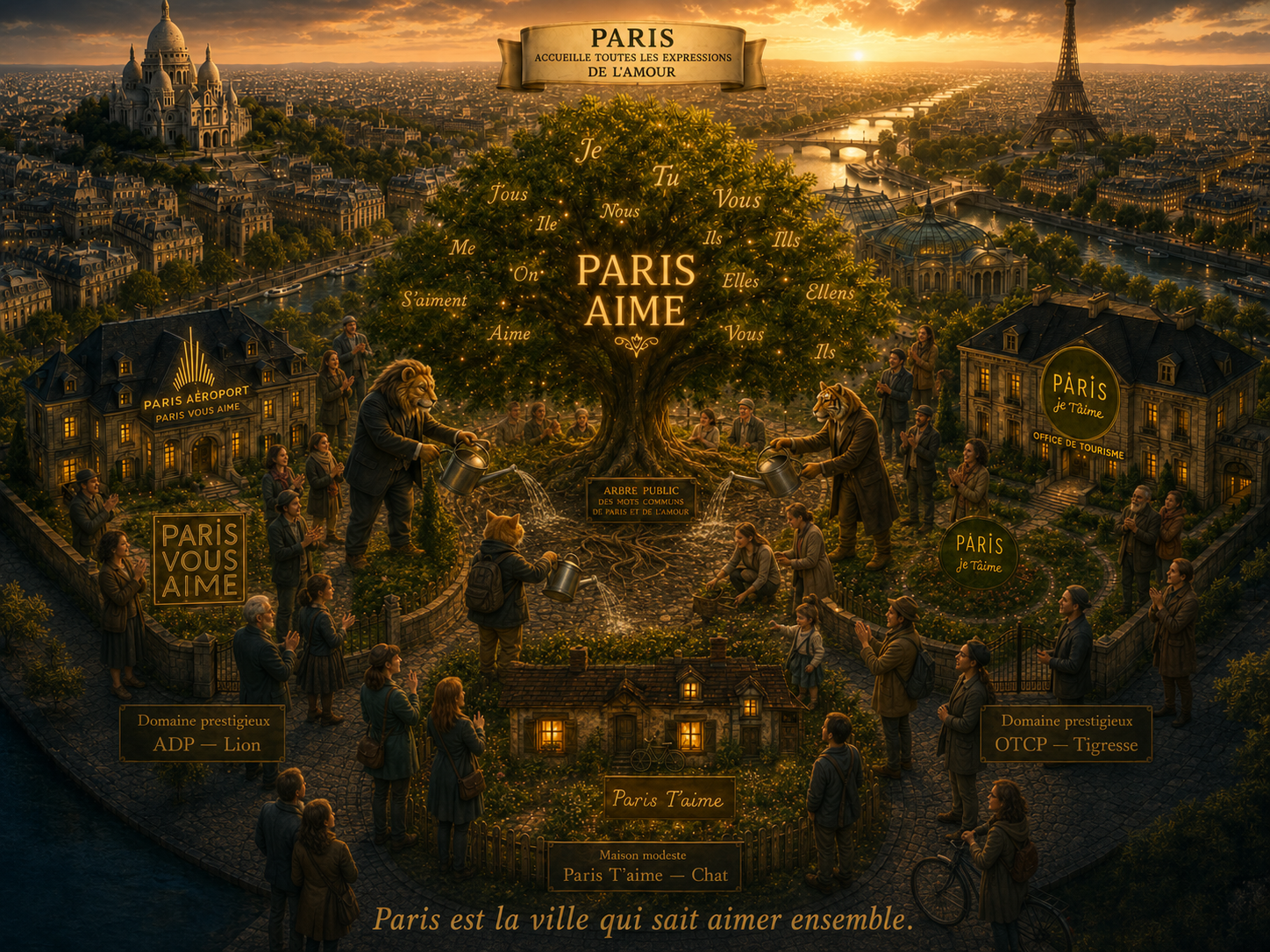 Vue poétique de Paris : le Lion, la Tigresse, le Chat et les habitants arrosent ensemble un arbre symbolisant les ressources communes de la langue autour de Paris et aimer.