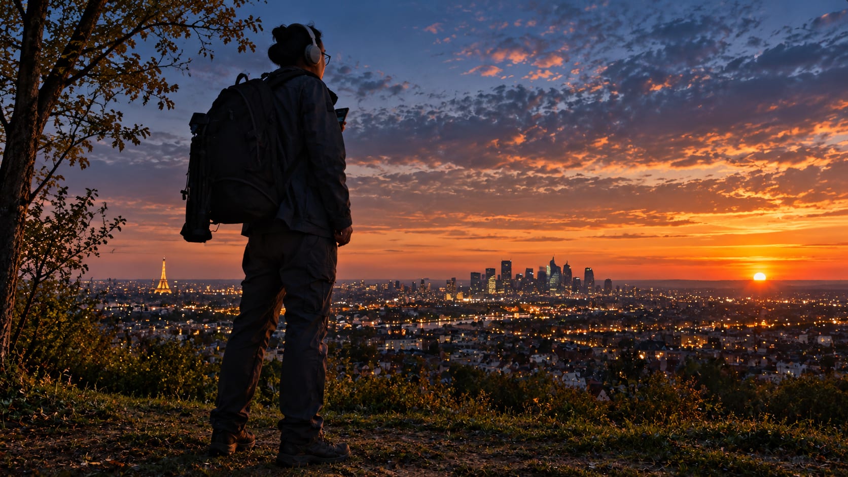 Crépuscule sur la ville depuis la colline.