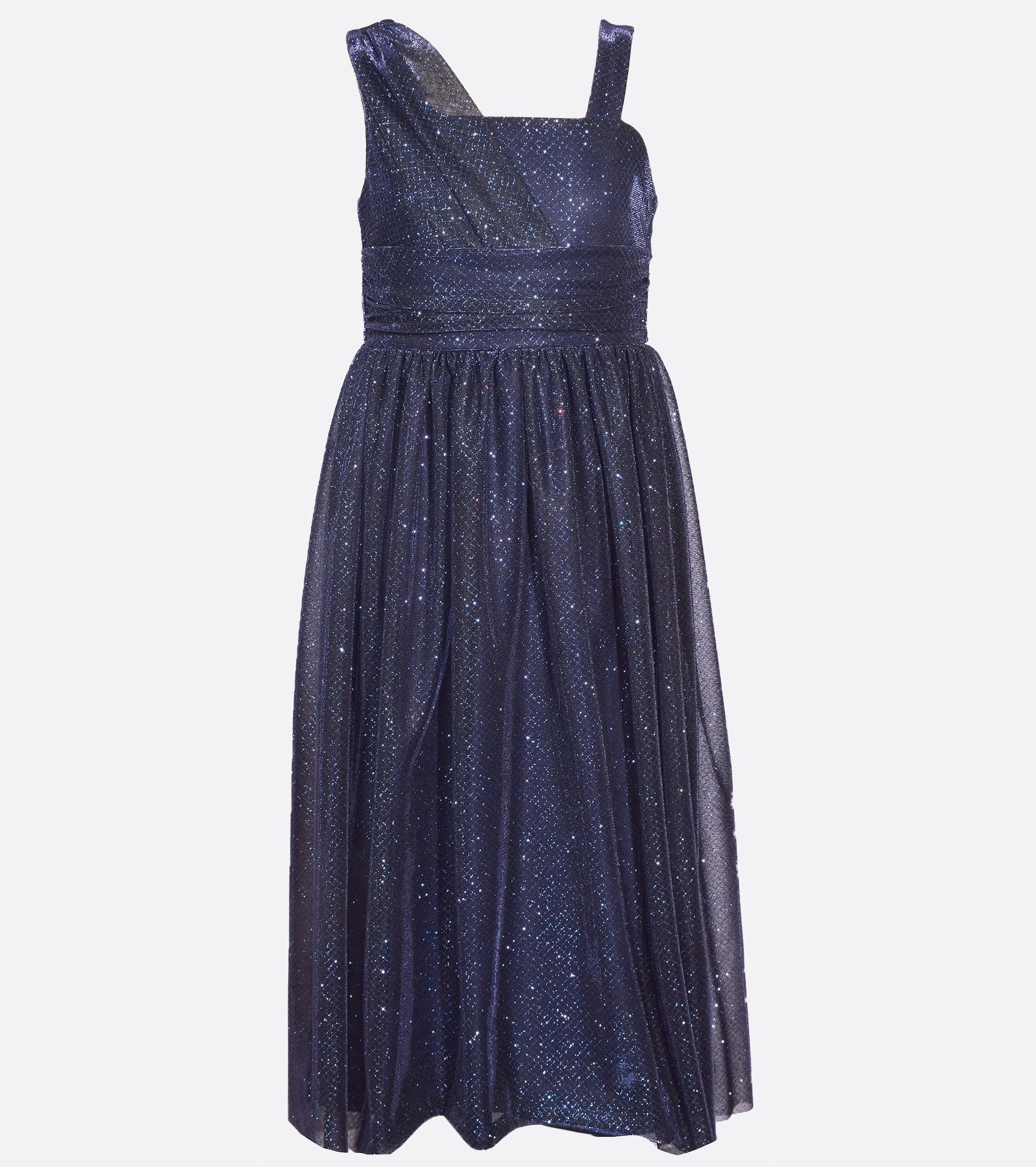 Elegant shimmer blue dress with fitted cross over bodice