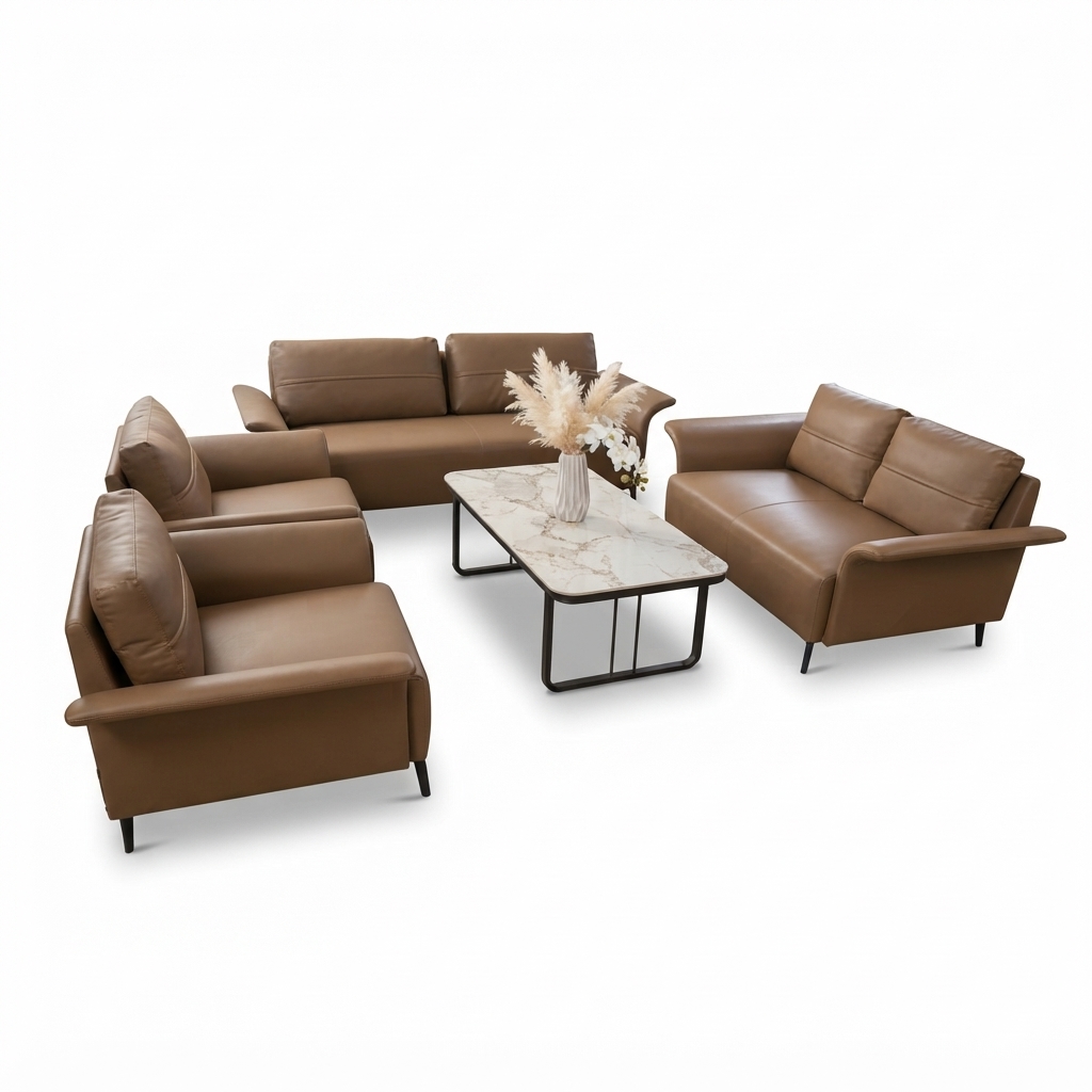 Ensemble Salon Complet Cuir 7 Places - Design Modulable - Canapé d'Angle et Fauteuils - Marron Cognac