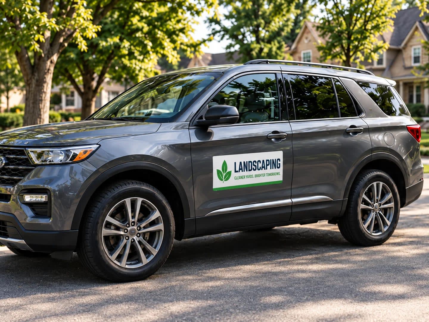 Landscaping car magnet fitted entirely within one front door of a gray SUV