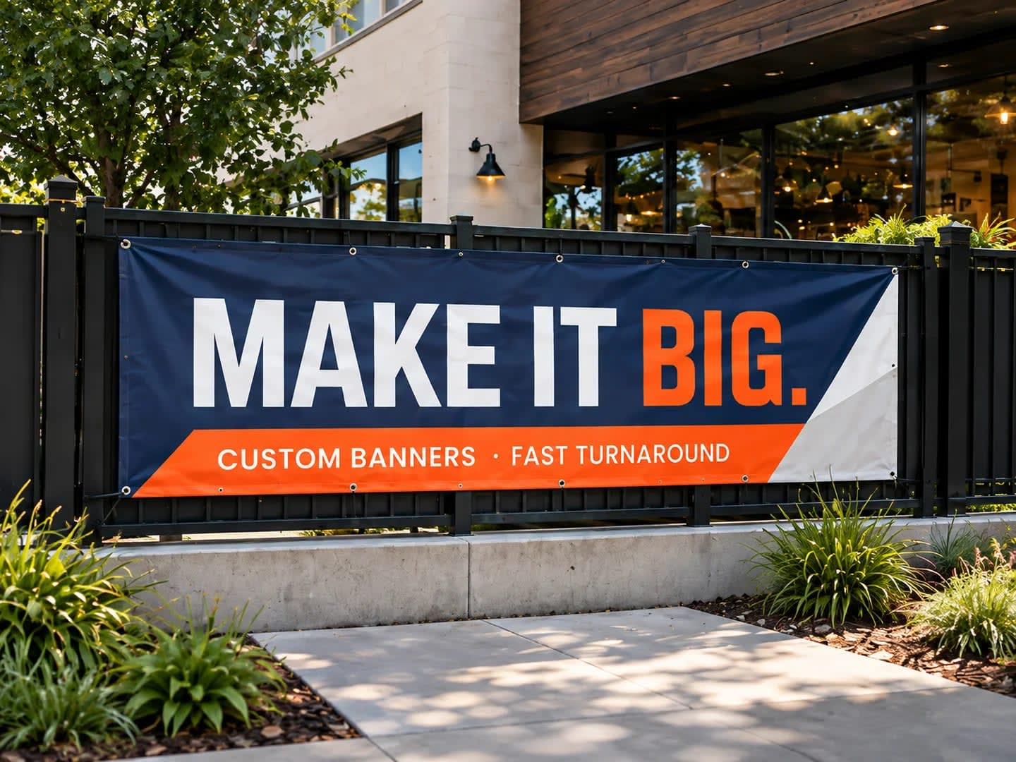 Navy and orange Make It Big vinyl banner mounted on a black storefront railing