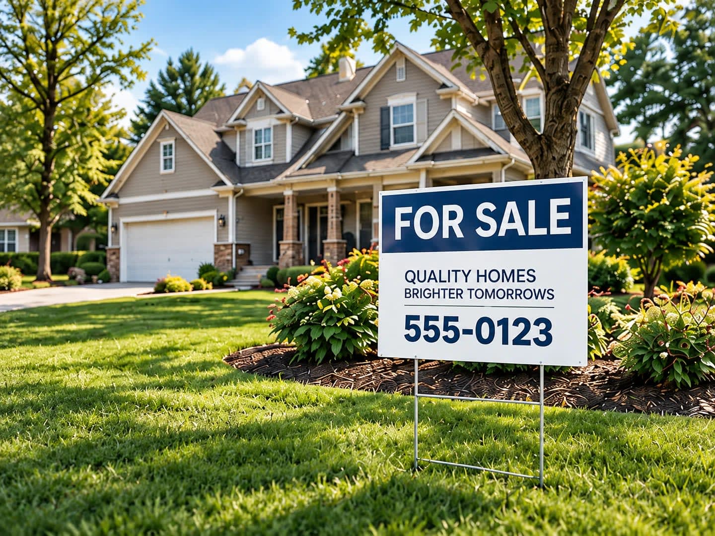 For Sale yard sign on metal stakes in a landscaped front lawn