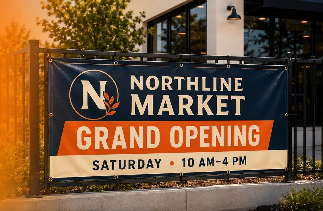 Custom Northline Market grand opening vinyl banner mounted to an outdoor railing
