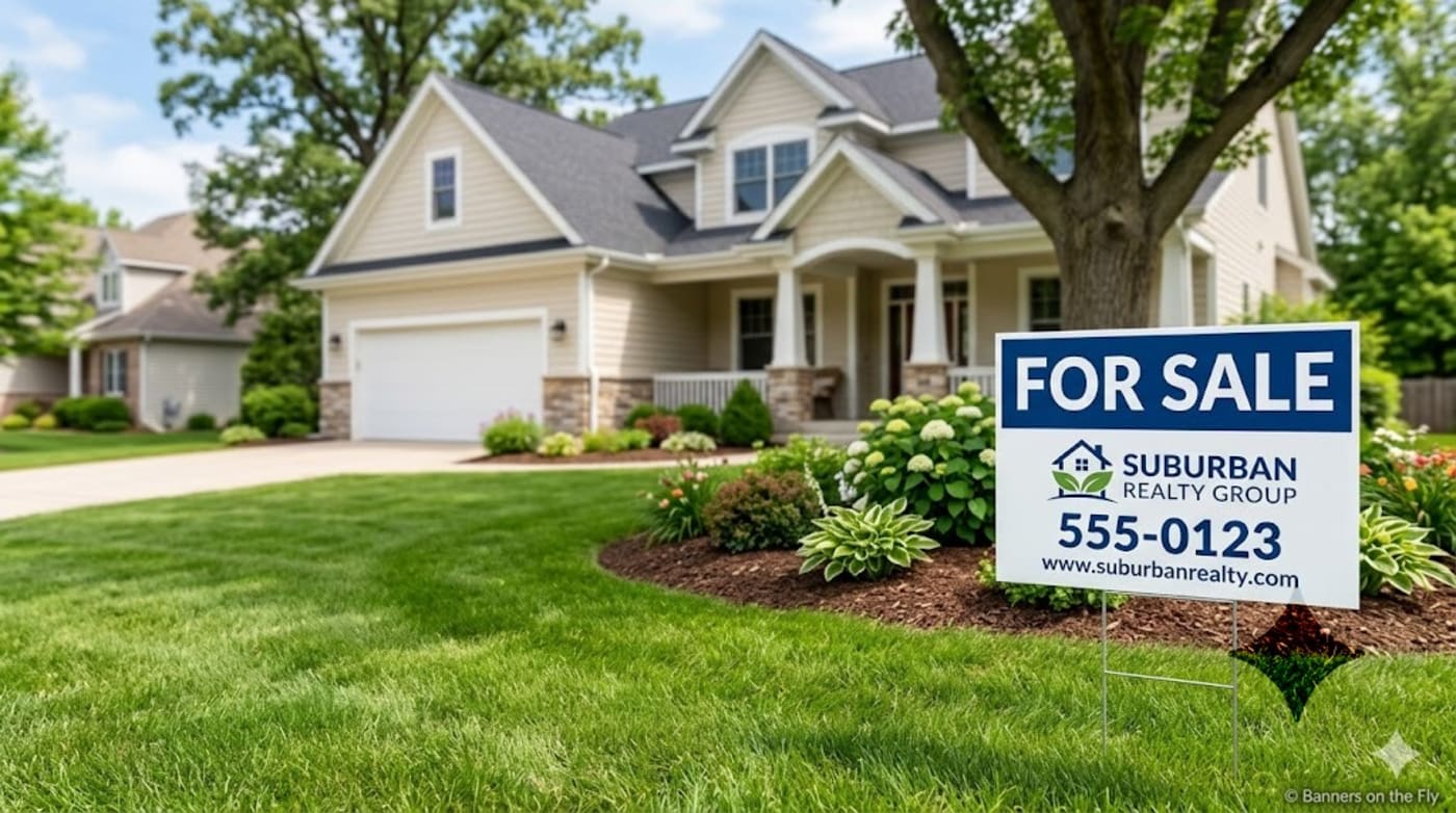 One finished 24 by 18 inch yard sign installed in front of a home