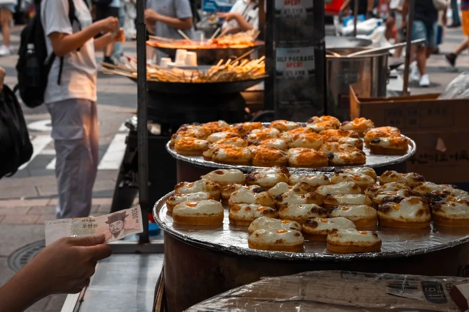 A Korean street food stall with snacks like tteokbokki