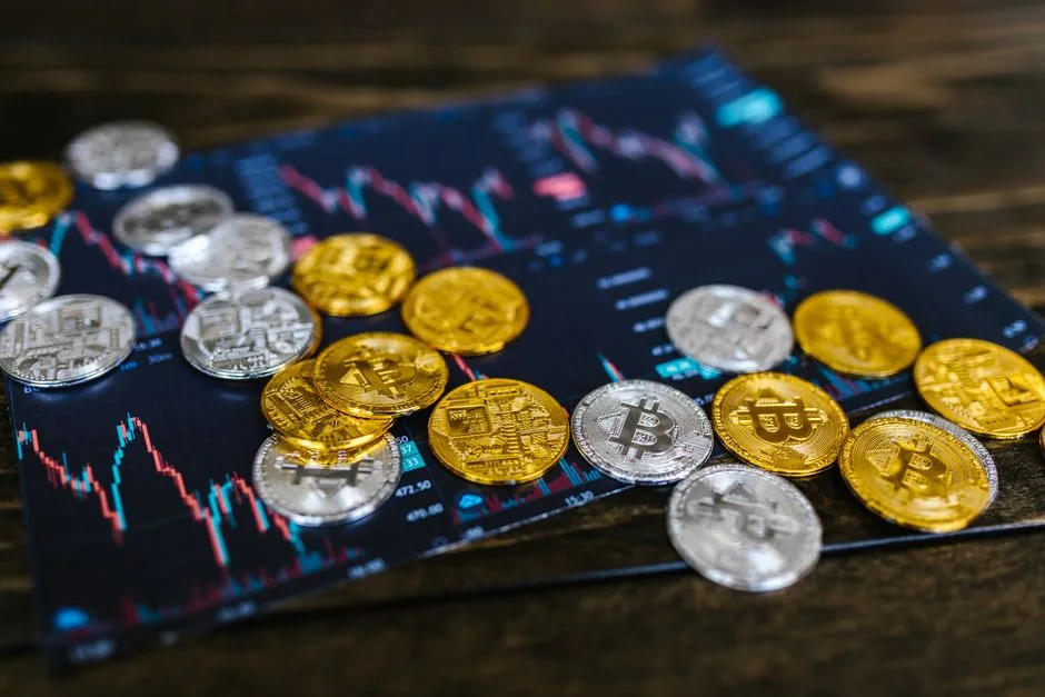A Bitcoin symbol over a declining stock chart
