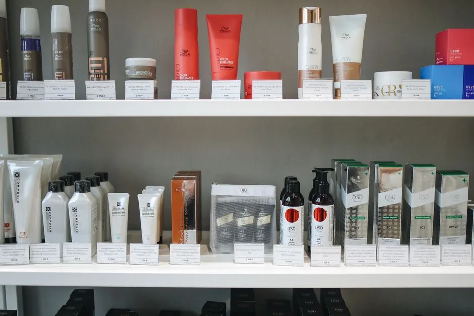 Skincare products lined on a bright store shelf