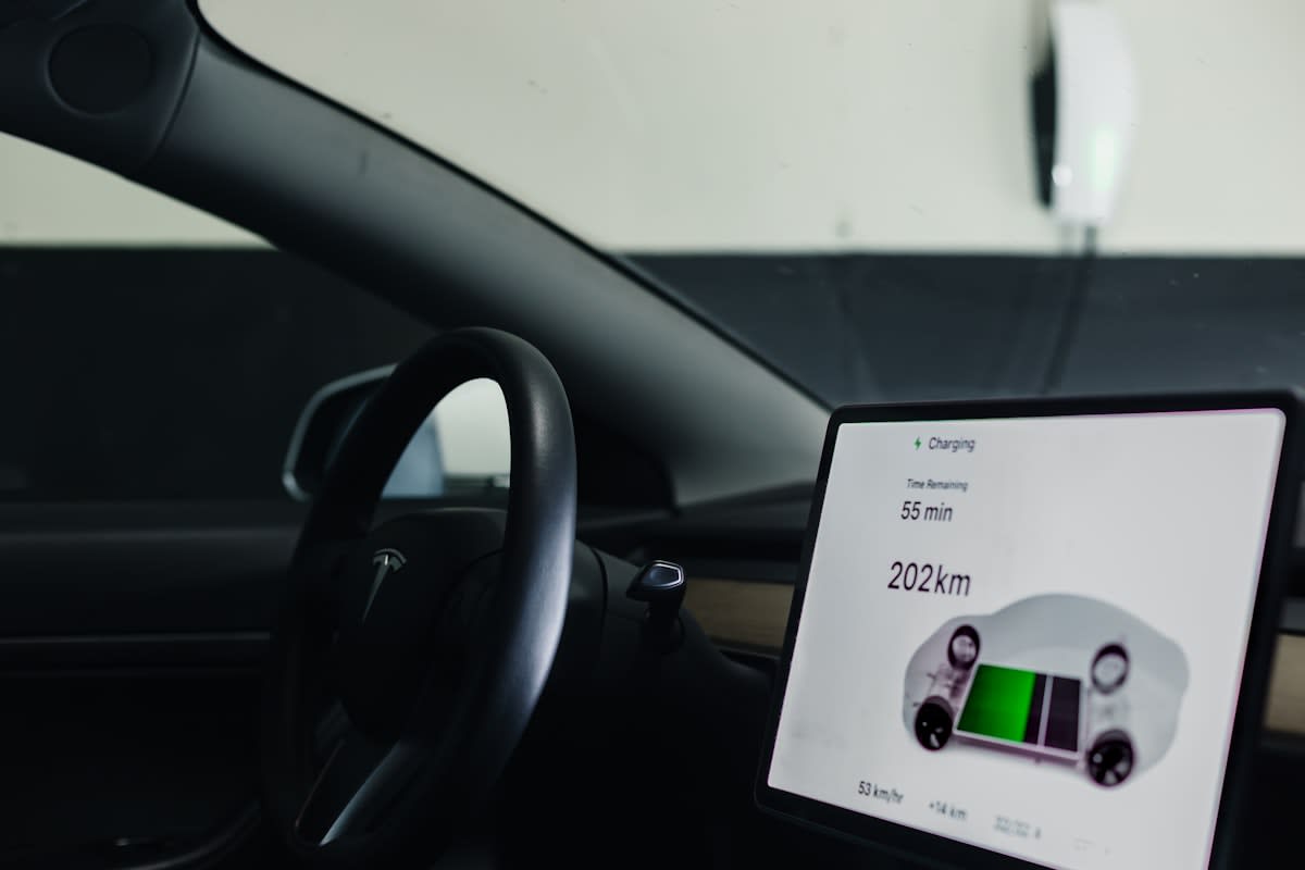 Modern electric sports car interior with digital dashboard