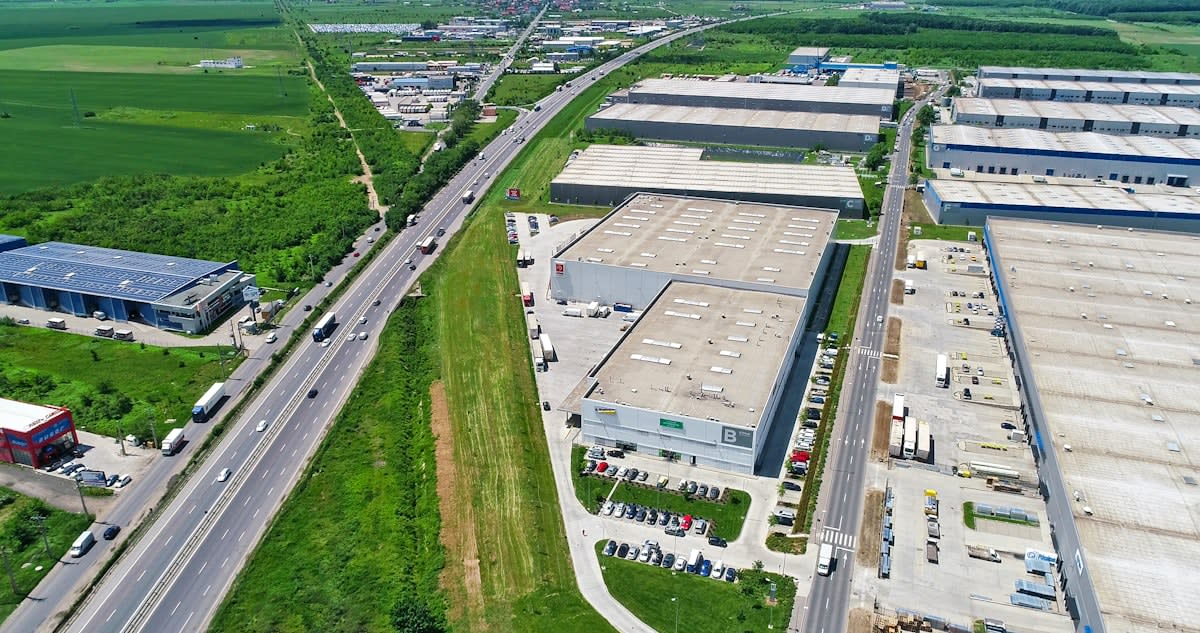 Industrial manufacturing plant aerial view