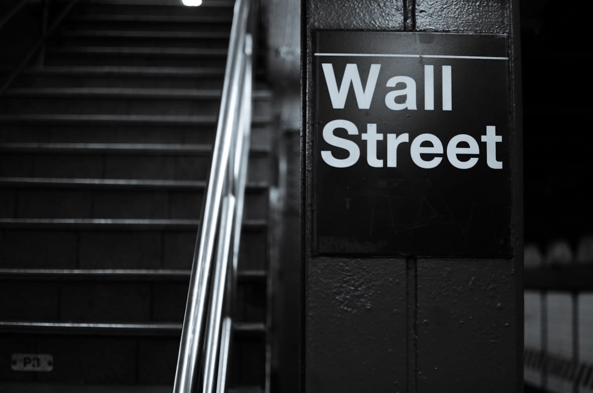 Wall Street stock exchange floor high angle