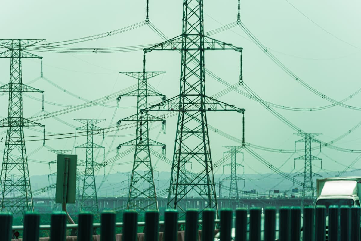high voltage power lines industrial landscape
