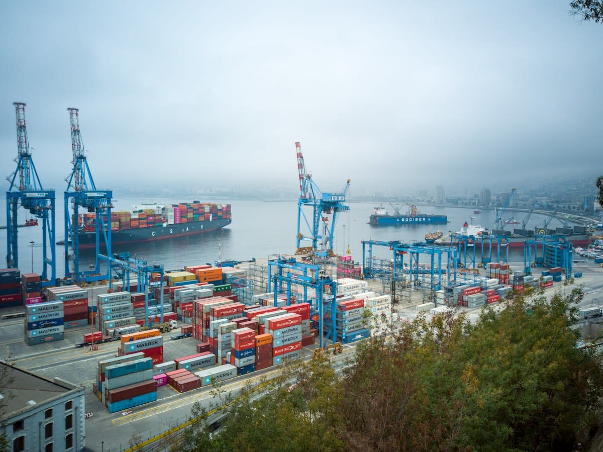 congested cargo port with stacked containers