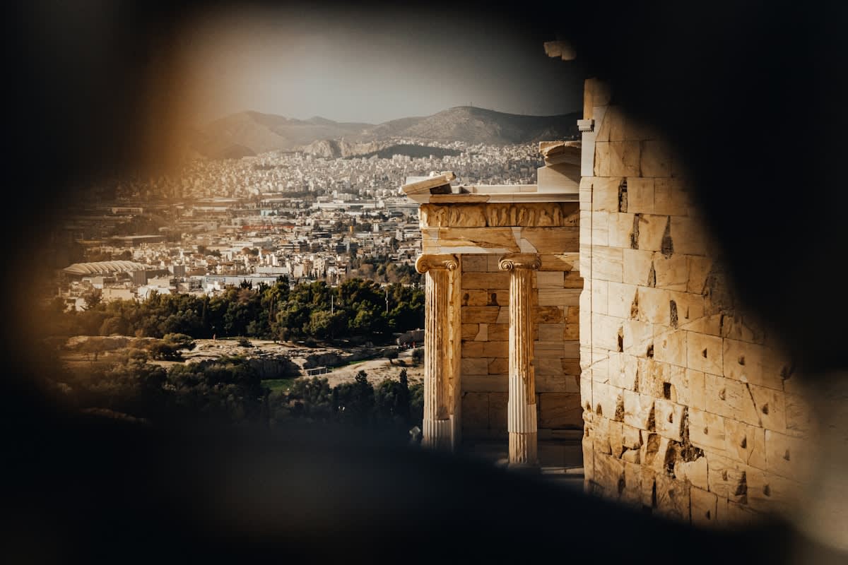 Ancient city architecture combined with digital overlays