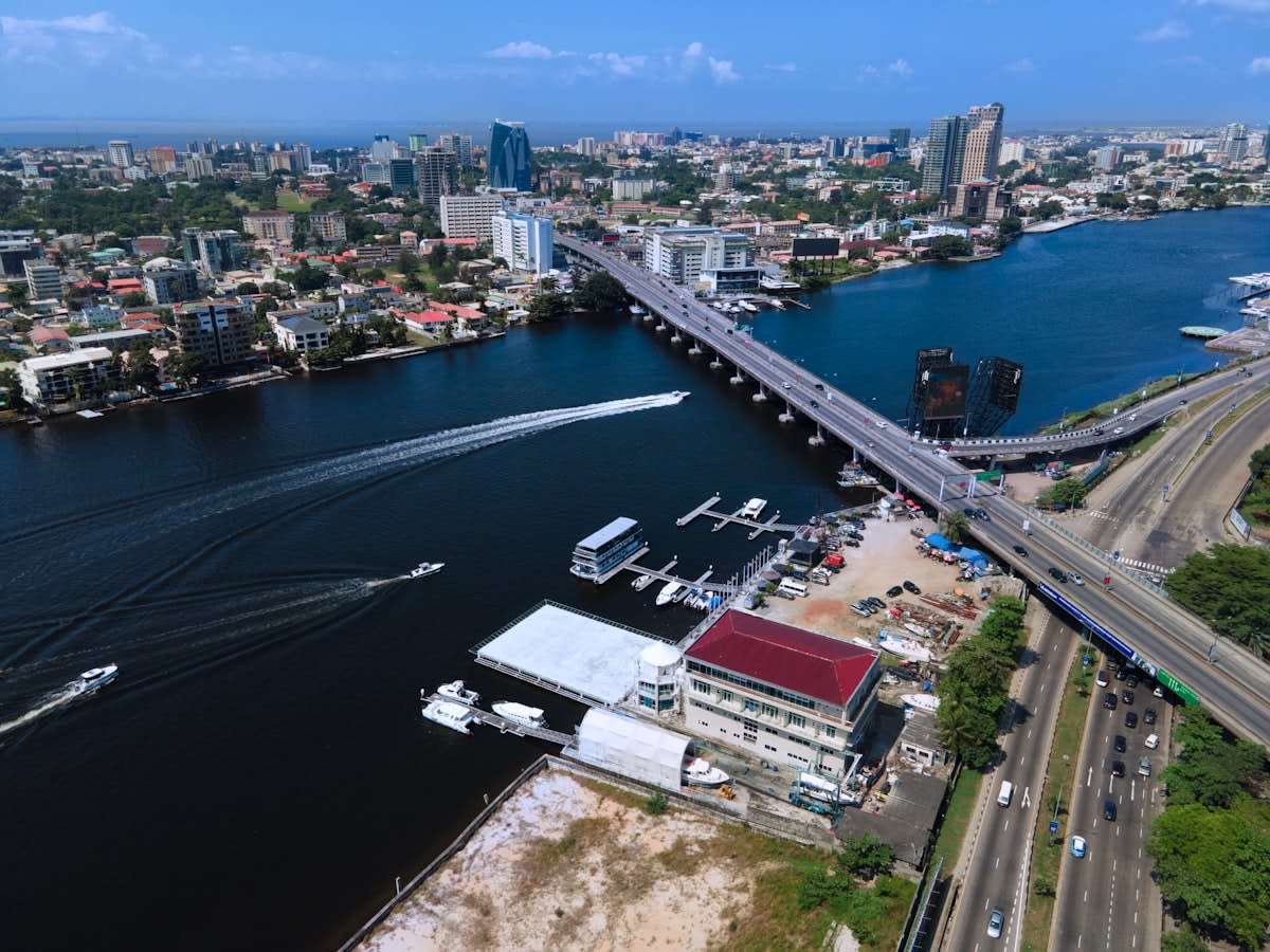 Aerial view of Lagos business district with digital overlays