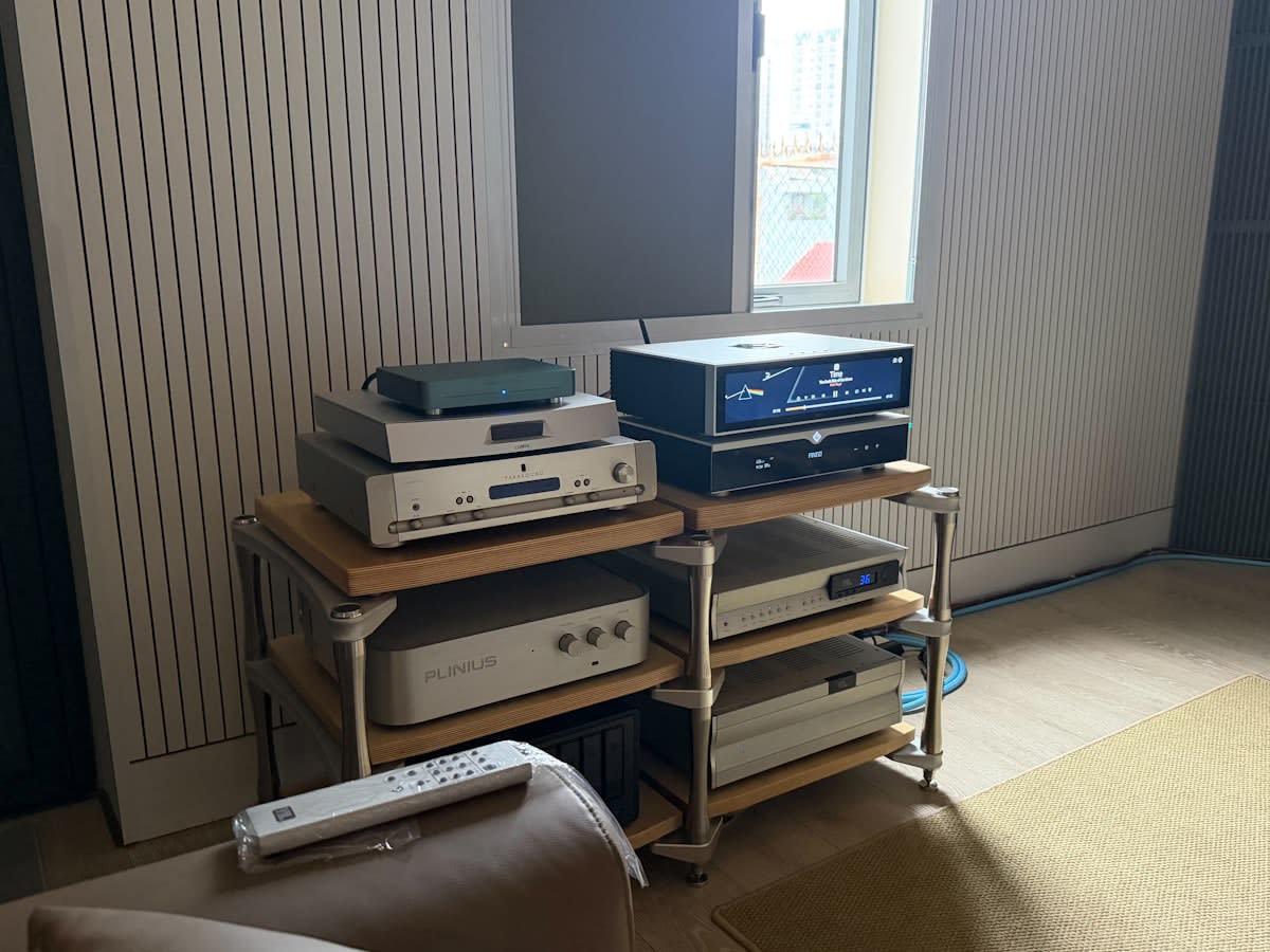 High-end audiophile listening room with large speakers
