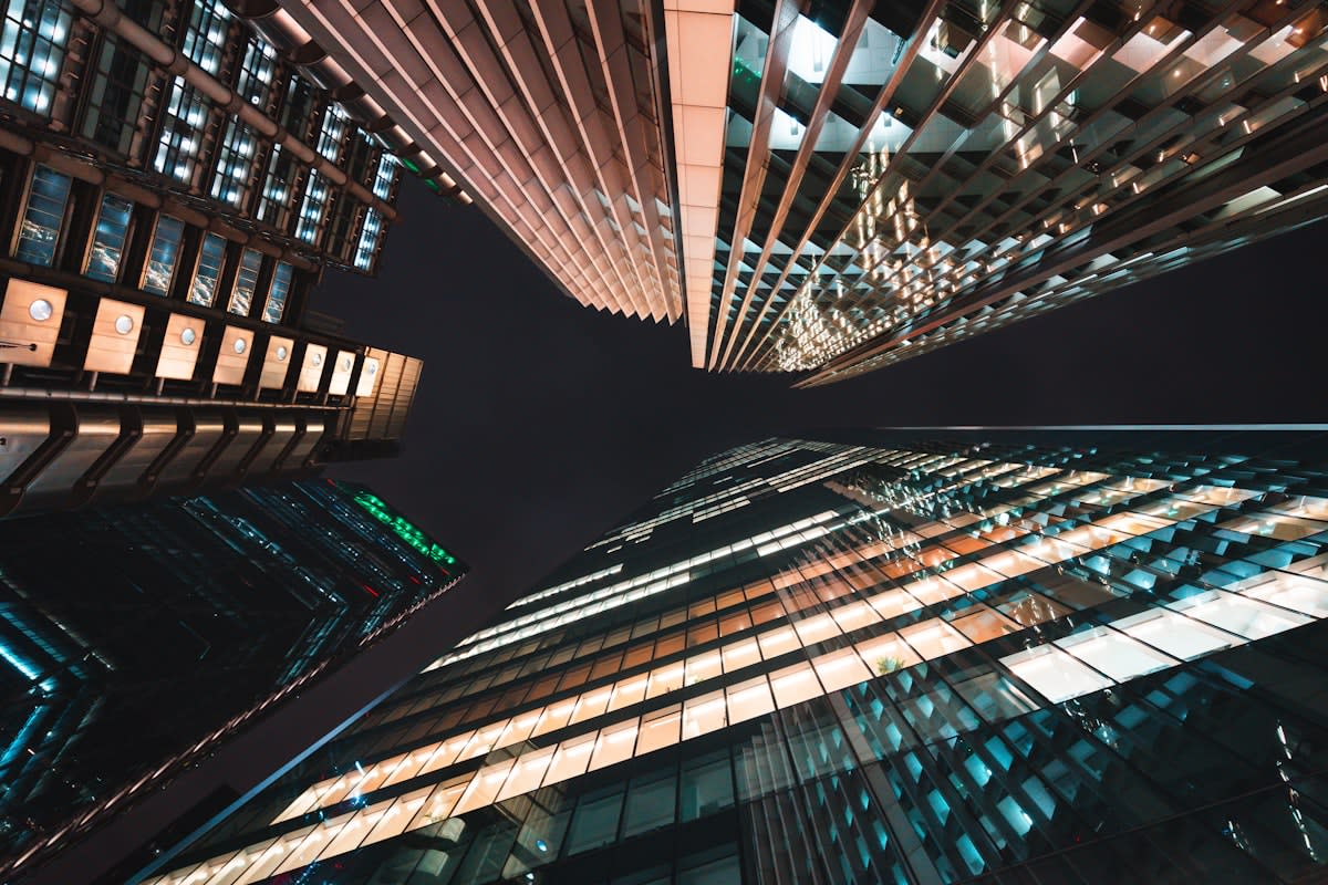 Modern financial district architecture symbolizing digital transformation
