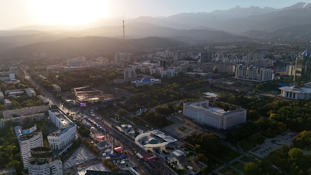 Aerial view of a modern logistics hub in Central Asia