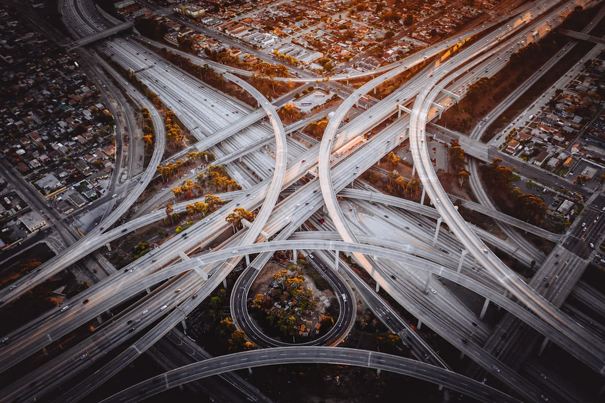 Aerial view of a complex highway interchange