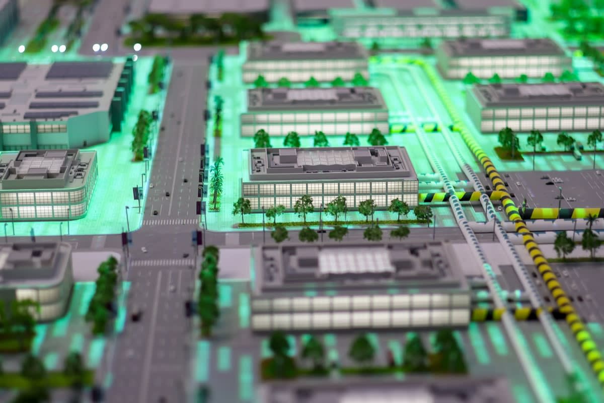 Aerial view of a futuristic city with data connections