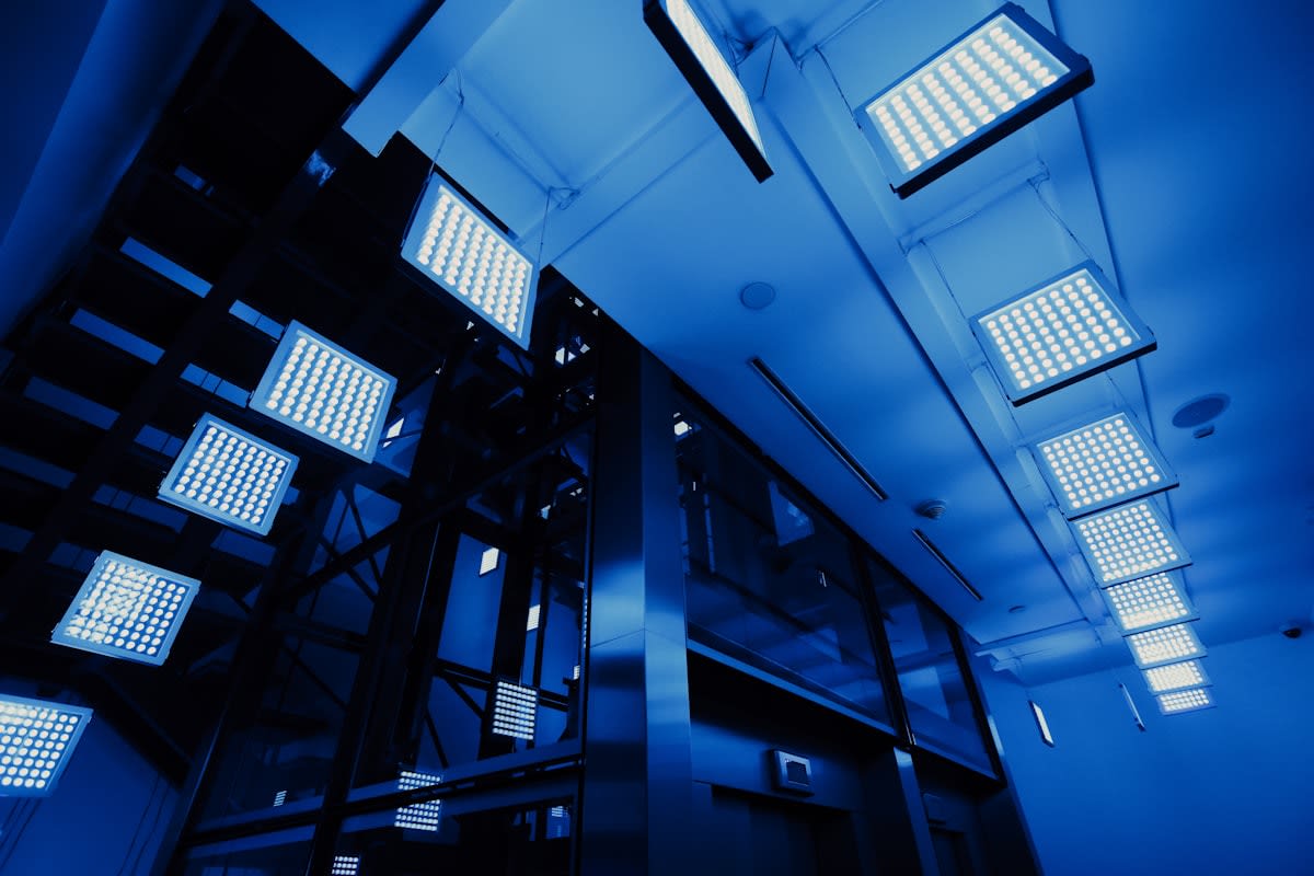 High-tech server room with blue lighting