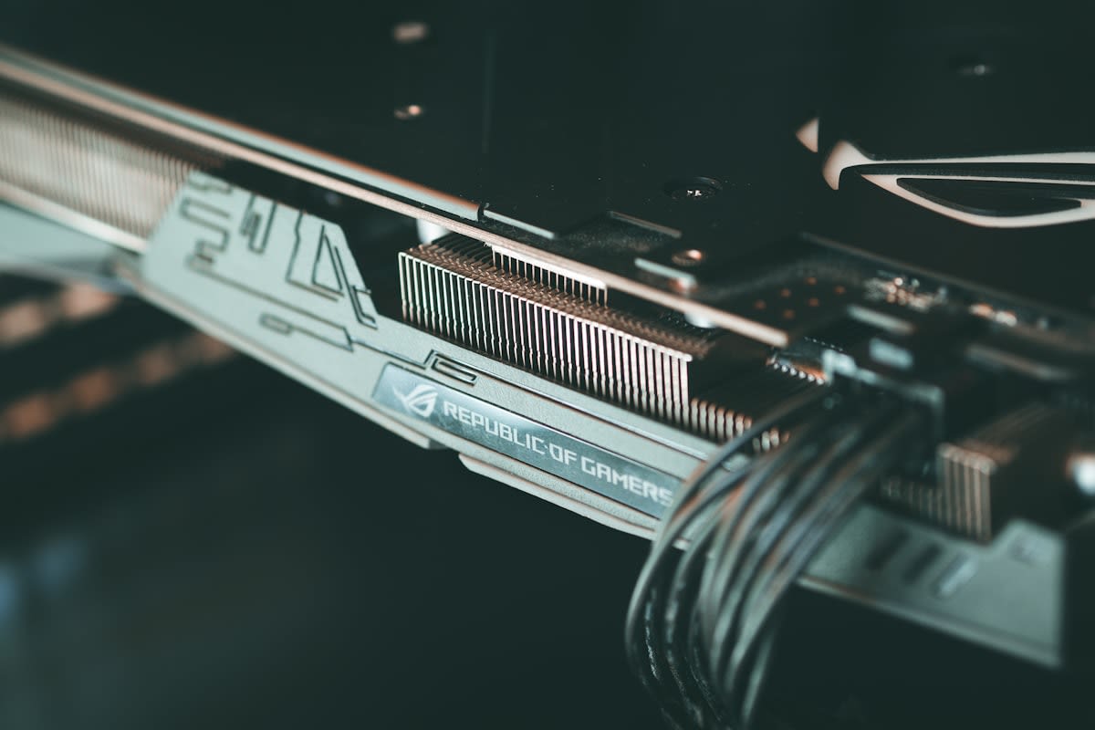 Close up of high end GPU hardware and circuitry
