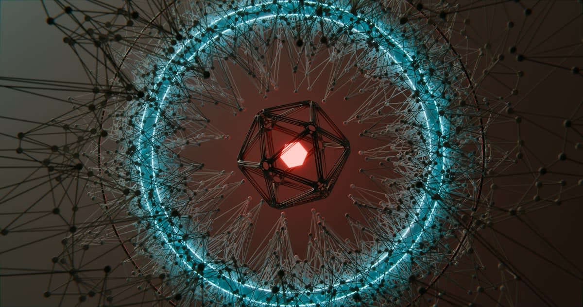 Abstract visualization of a network of interconnected nodes with one central hub glowing