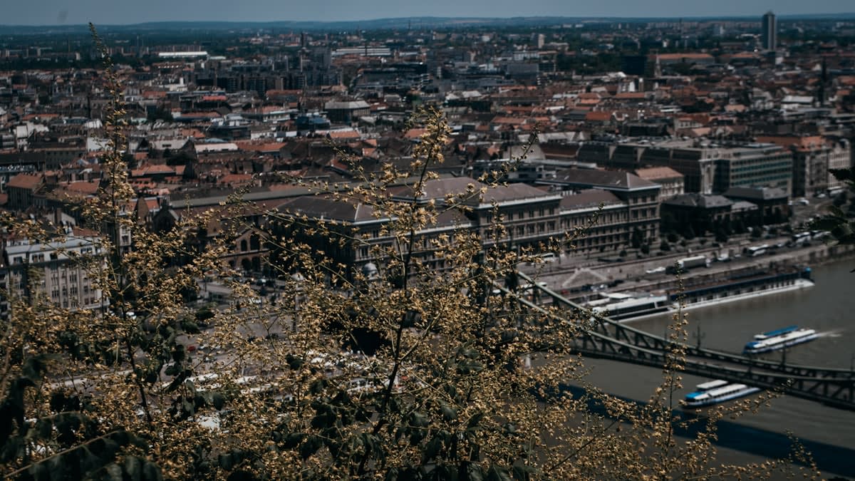 Aerial view of a European city with a river