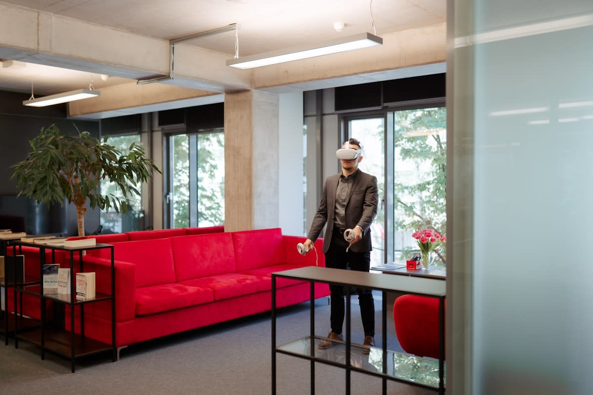 Humanoid robot walking in a modern office