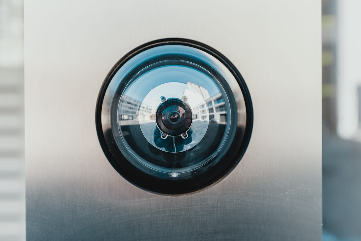 Close up of a professional camera sensor with a digital security overlay