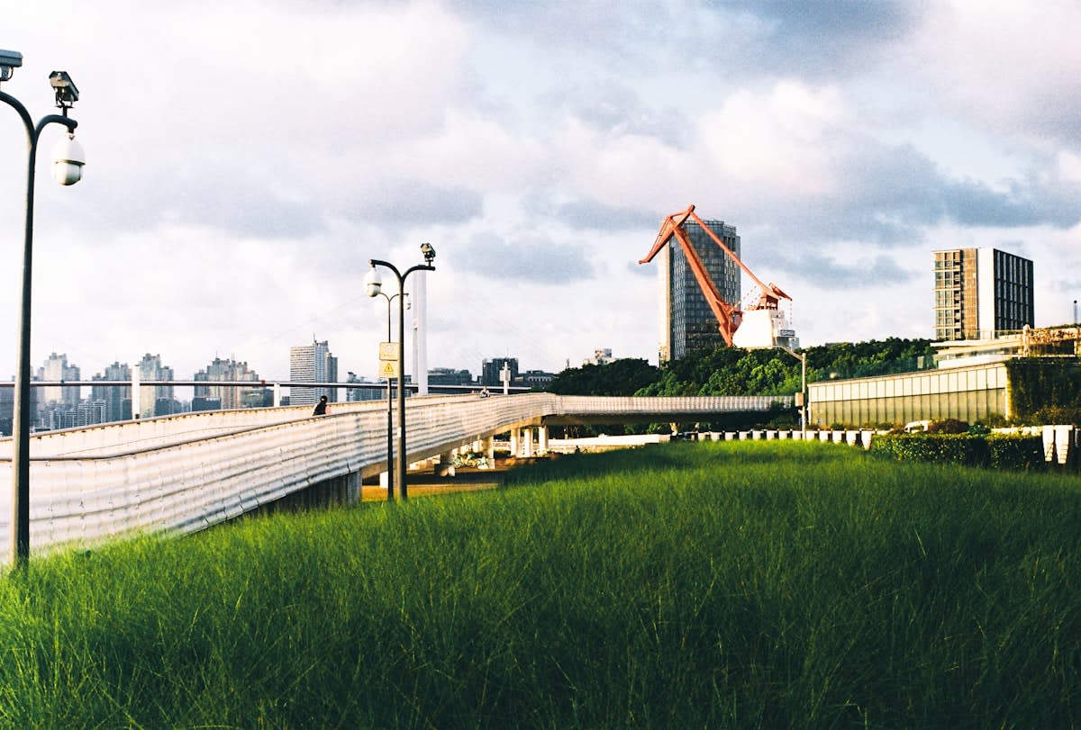 Modern futuristic city skyline with greenery