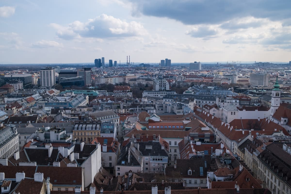 Aerial view of a modern European city skyline